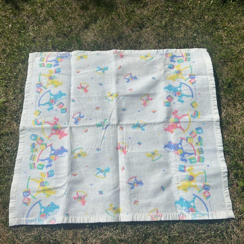 Vintage‎ 1987 Baby Blanket Rocking Horse Soft Care Large Satin Trim White Pink - Picture 7 of 9